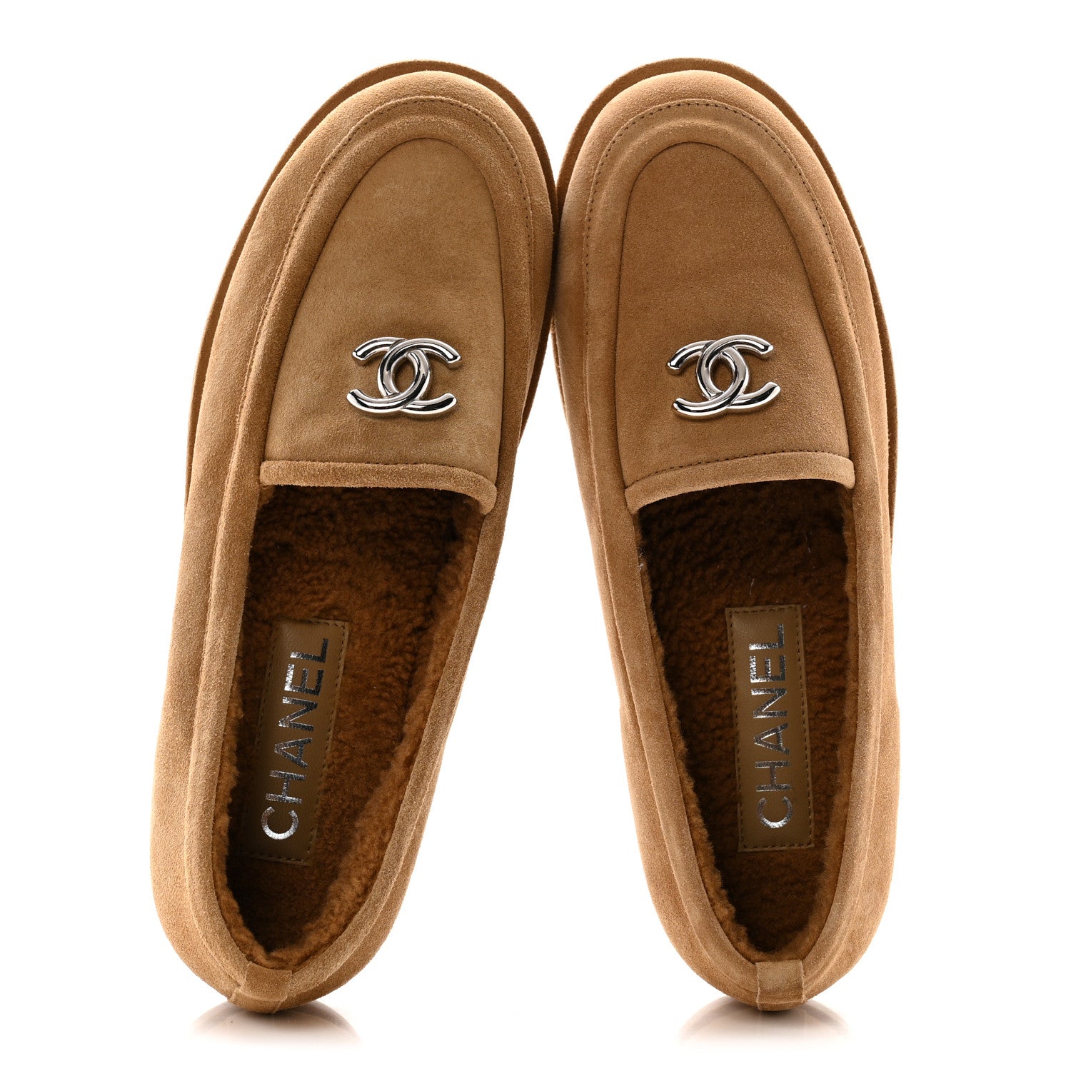 Chanel Suede Calfskin CC Loafers 38.5 Dark Beige
