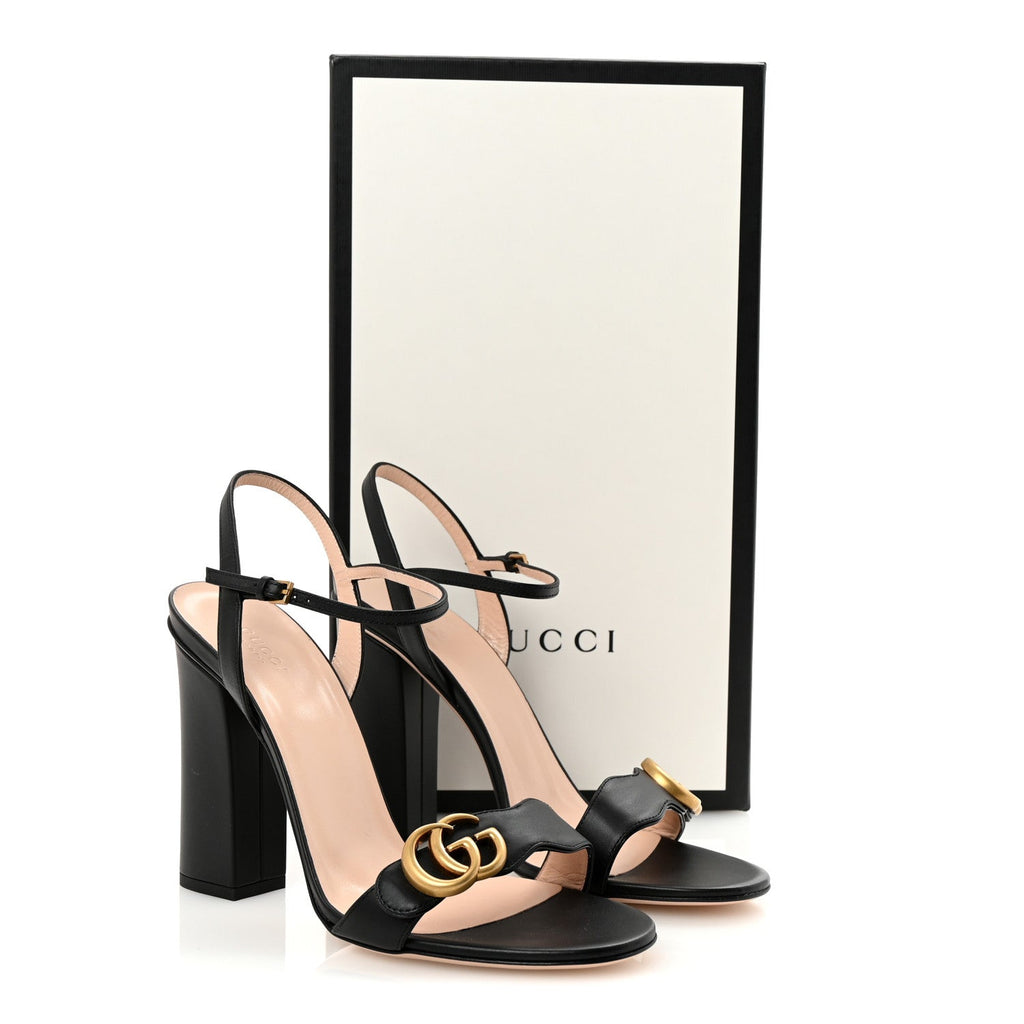 Gucci Lifford Calfskin GG Marmont Ankle Wrap 105mm Sandals 41 Black