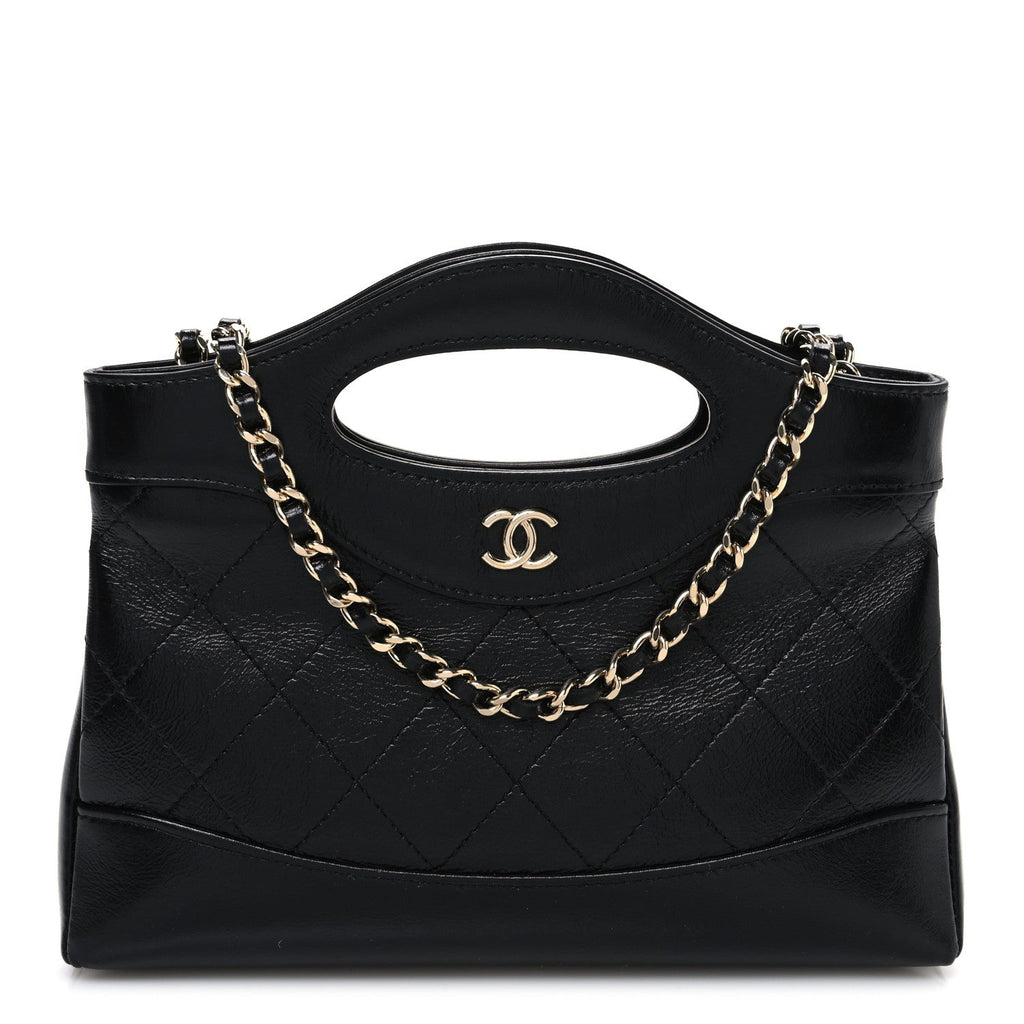 Chanel Shiny Crumpled Calfskin Quilted Nano 31 Shopping Bag Black