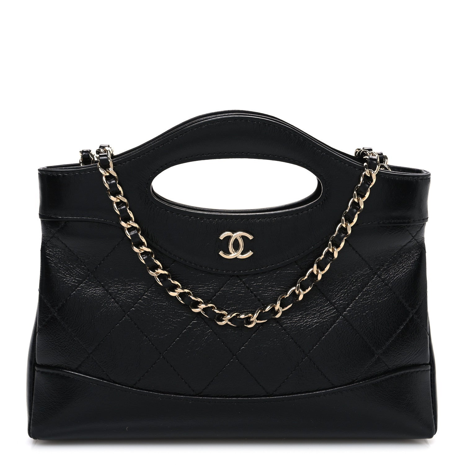 Chanel Shiny Crumpled Calfskin Quilted Nano 31 Shopping Bag Black