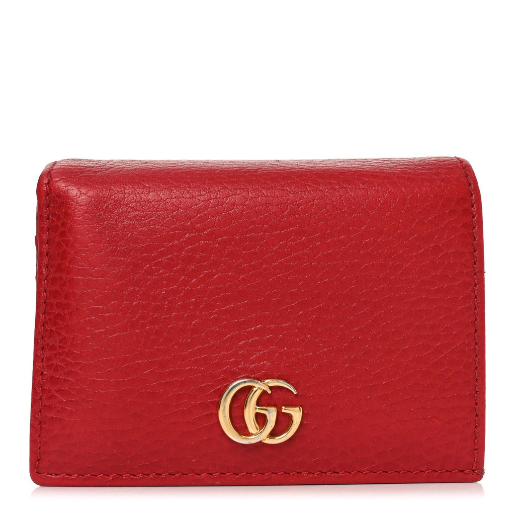Gucci Pebbled Calfskin GG Marmont Card Case Hibiscus Red