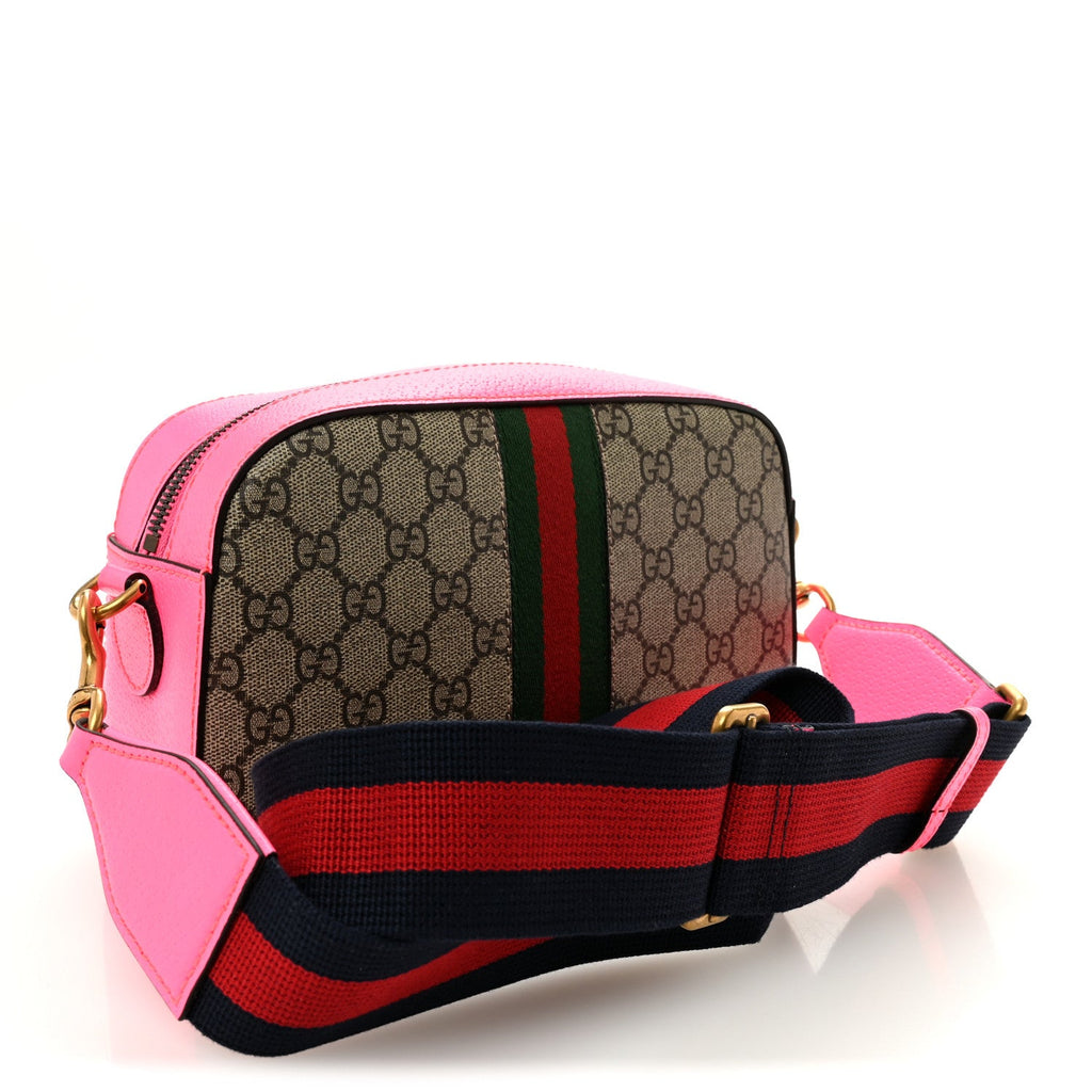 Gucci GG Supreme Monogram Textured Dollar Calfskin Web Ophidia Small Crossbody Bag Beige Ebony Fuchsia