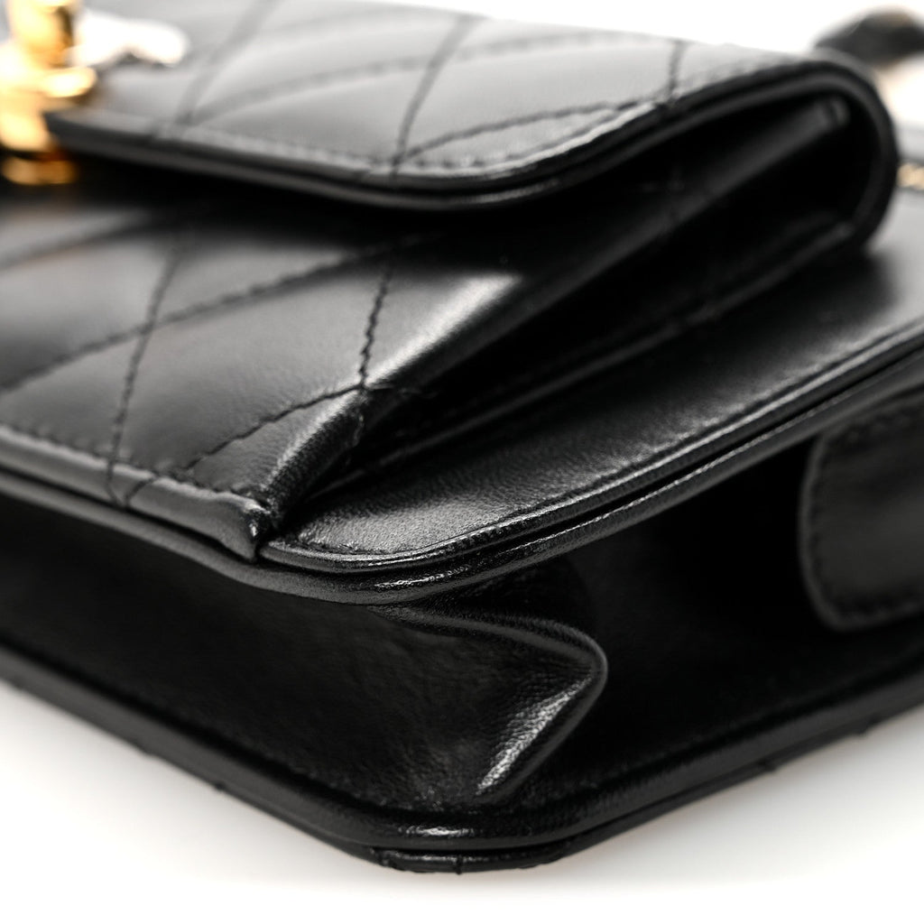 Chanel Lambskin Quilted Front Pocket Clutch With Chain Black