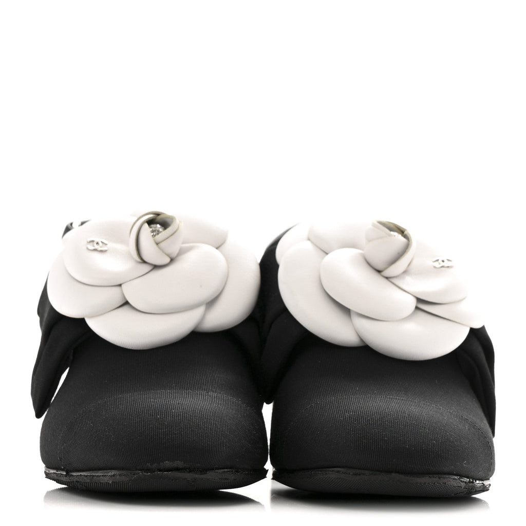 Grosgrain Lambskin Cap Toe Camellia Bow Slingback Pumps 37.5 Black
