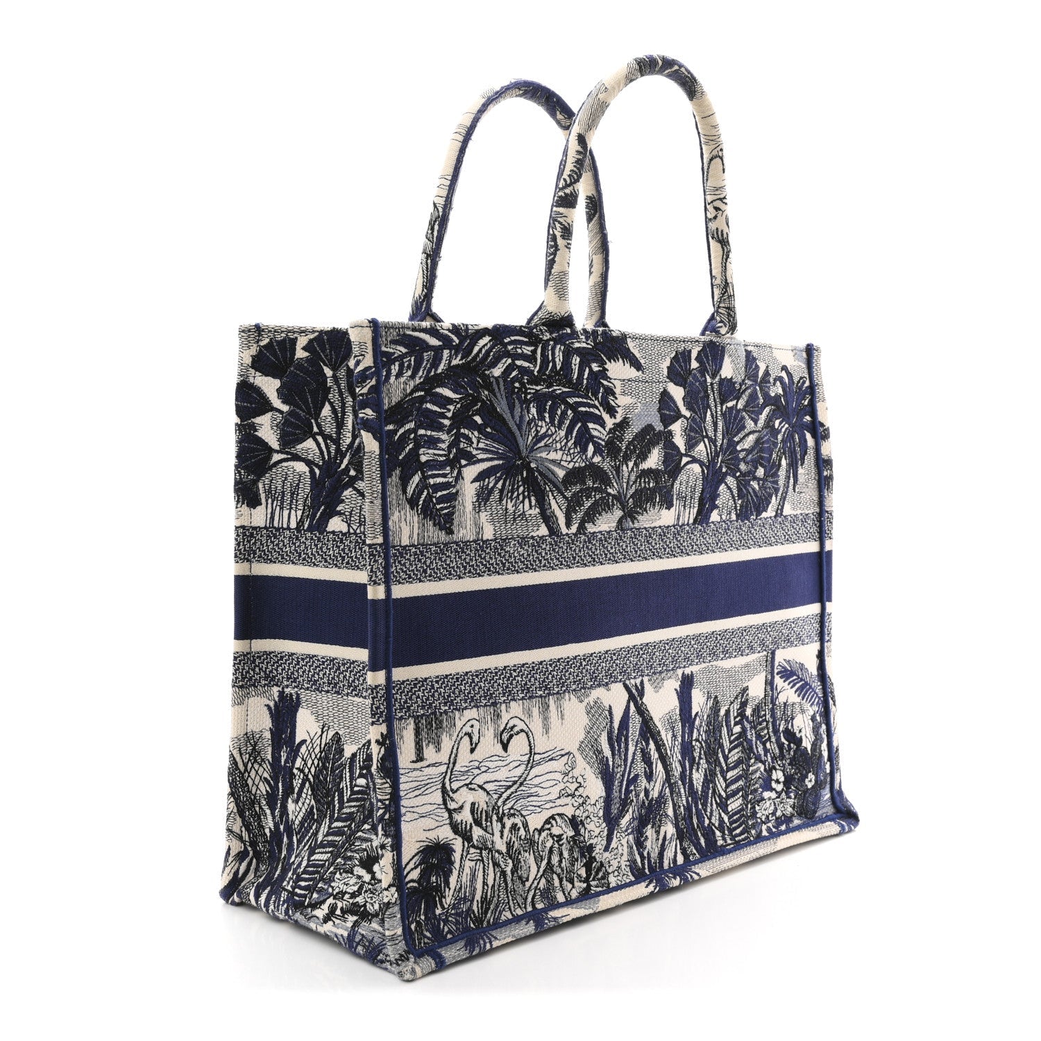 Christian Dior Canvas Embroidered Large Palm Tree Toile De Jouy Book Tote Blue