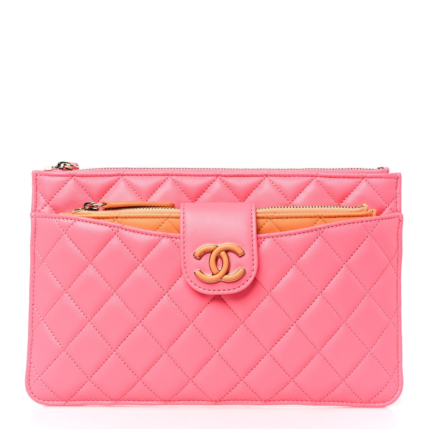 Lambskin Quilted Sunset Boulevard Pouch Case Coral Orange