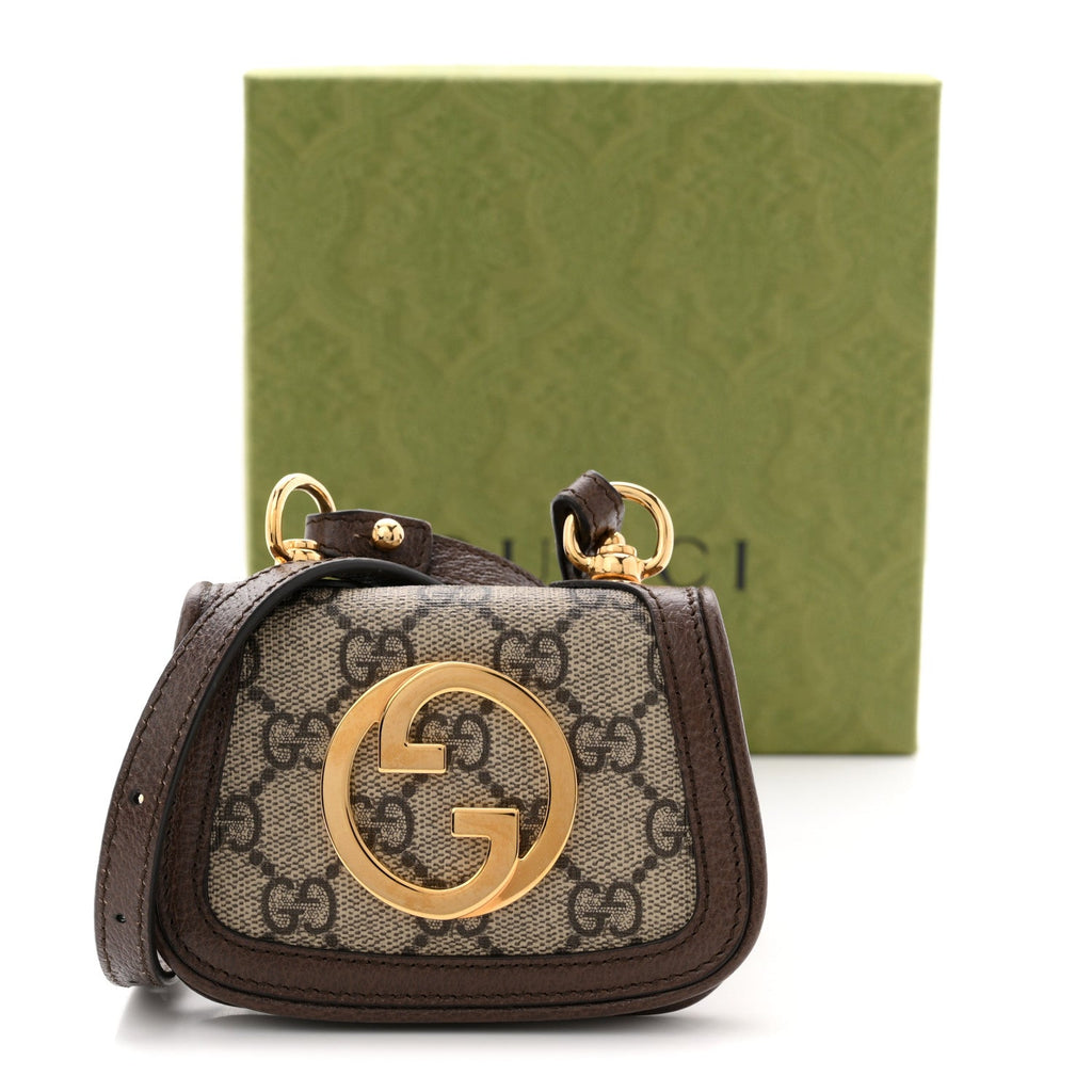 Gucci GG Supreme Monogram Textured Dollar Calfskin Blondie Card Case Wallet with Strap Beige Ebony New Acero
