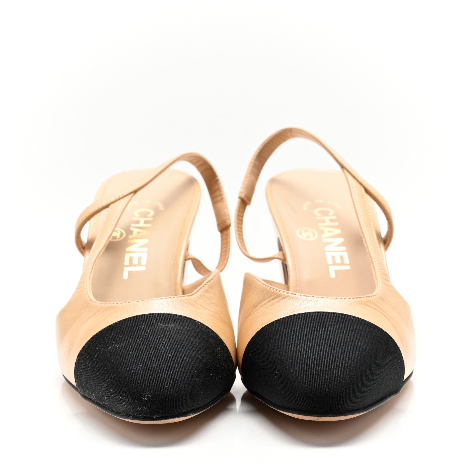 Goatskin Grosgrain Cap Toe CC Slingback Pumps 37 Beige Black