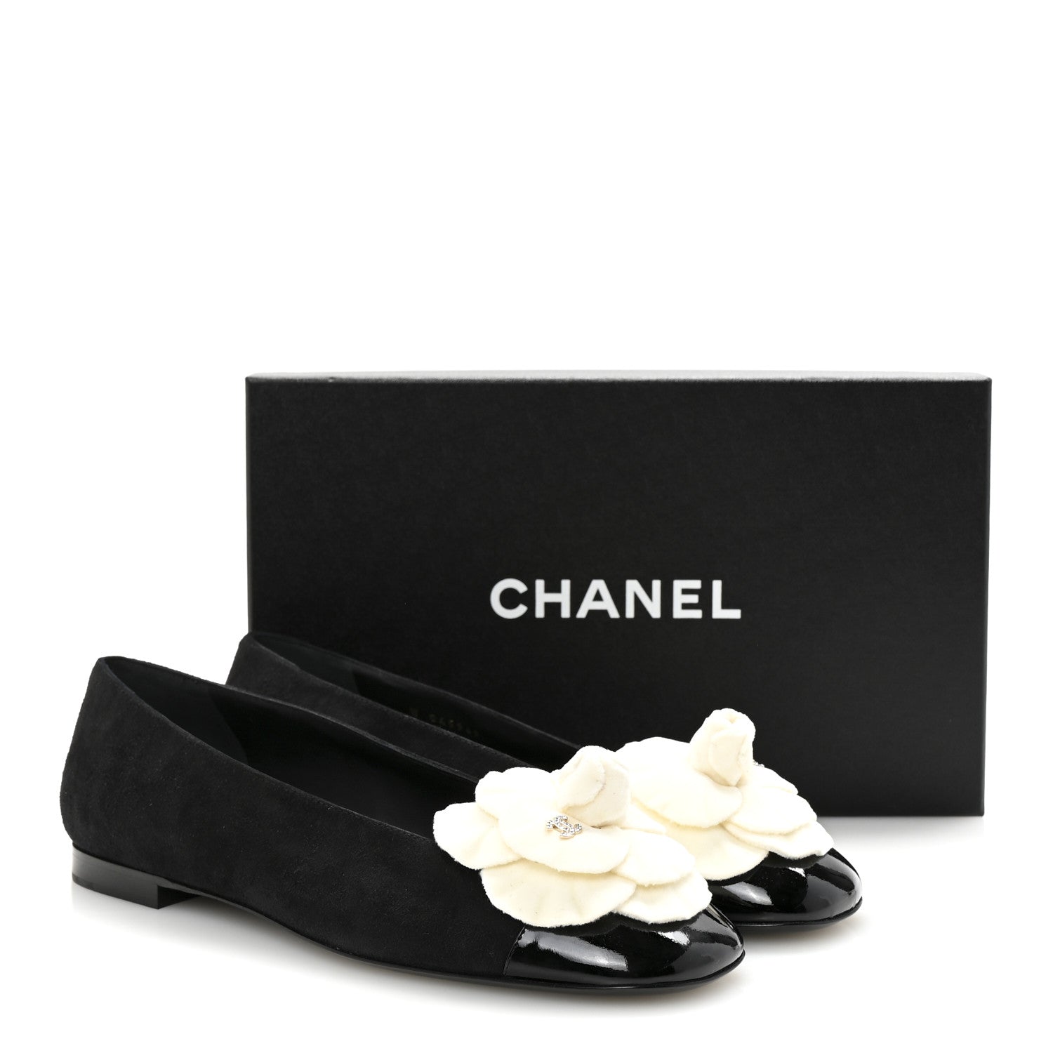 Chanel Suede Patent Cap Toe Camellia Ballerina Flats 39.5 Black White