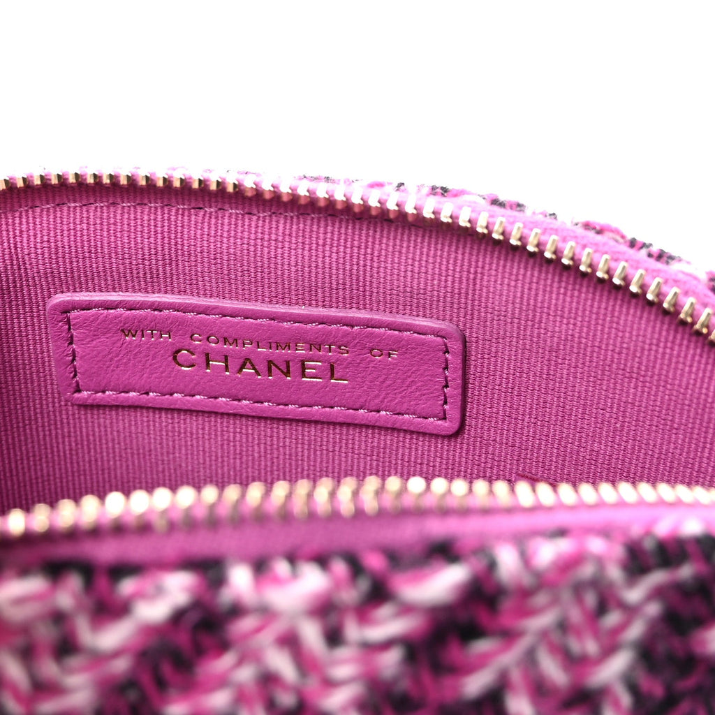 Chanel Tweed Quilted Mini Clutch With Chain Purple