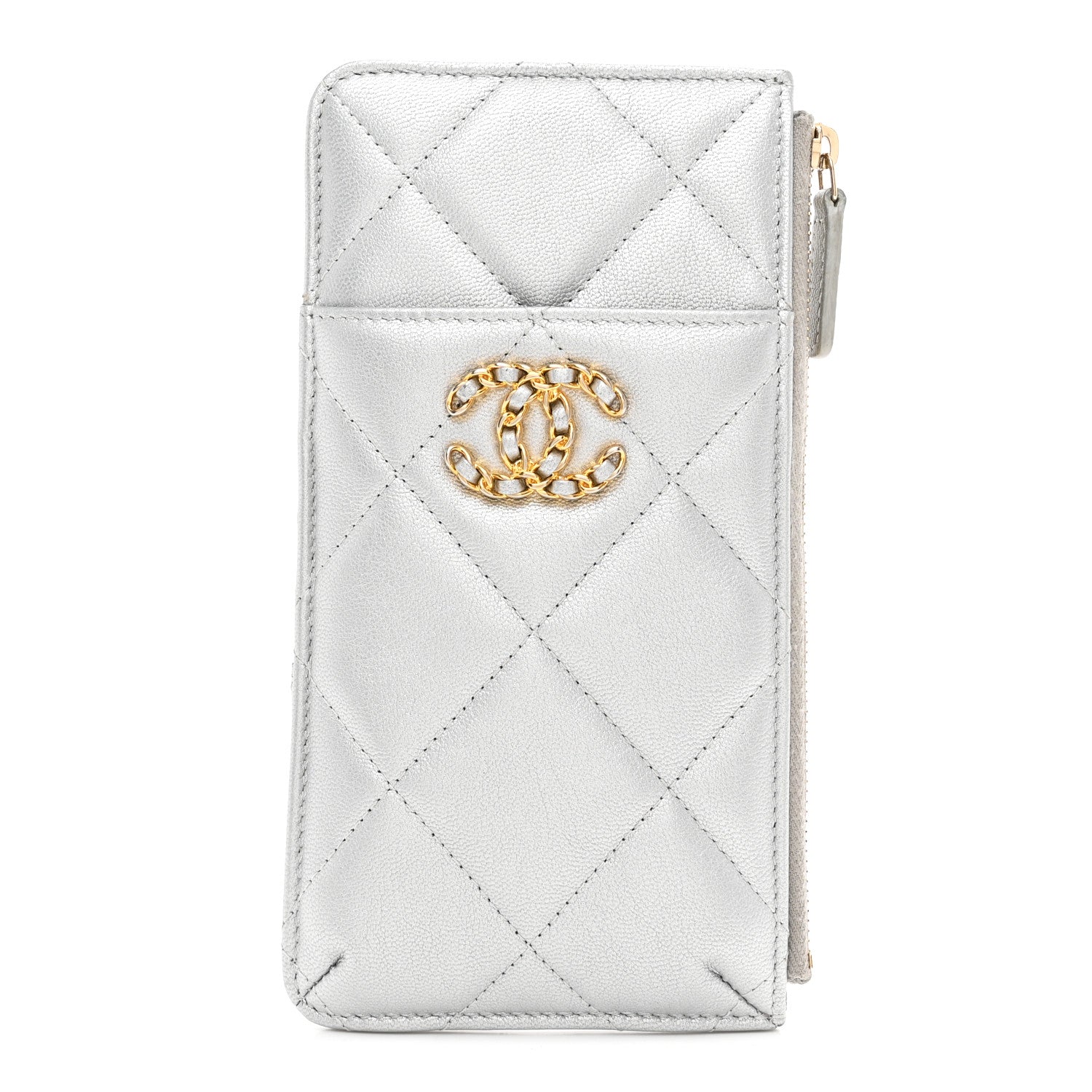 Chanel Lambskin Quilted Chanel 19 Phone and Card Holder Silver