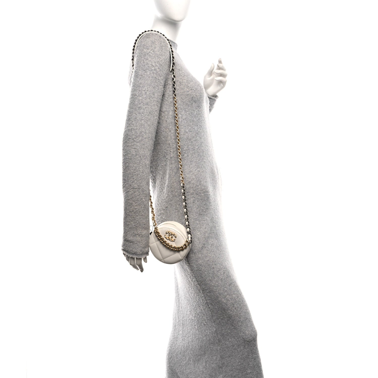 Chanel Shiny Goatskin Quilted Chanel 19 Round Clutch With Chain White