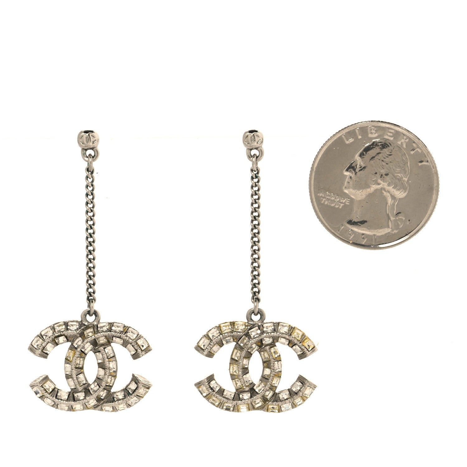 Baguette Crystal CC Drop Earrings Silver
