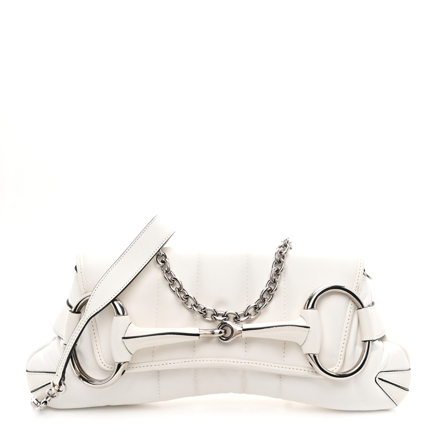 Gucci Nappa Vertical Matelasse Medium Maxi Horsebit Chain Shoulder Bag Mystic White