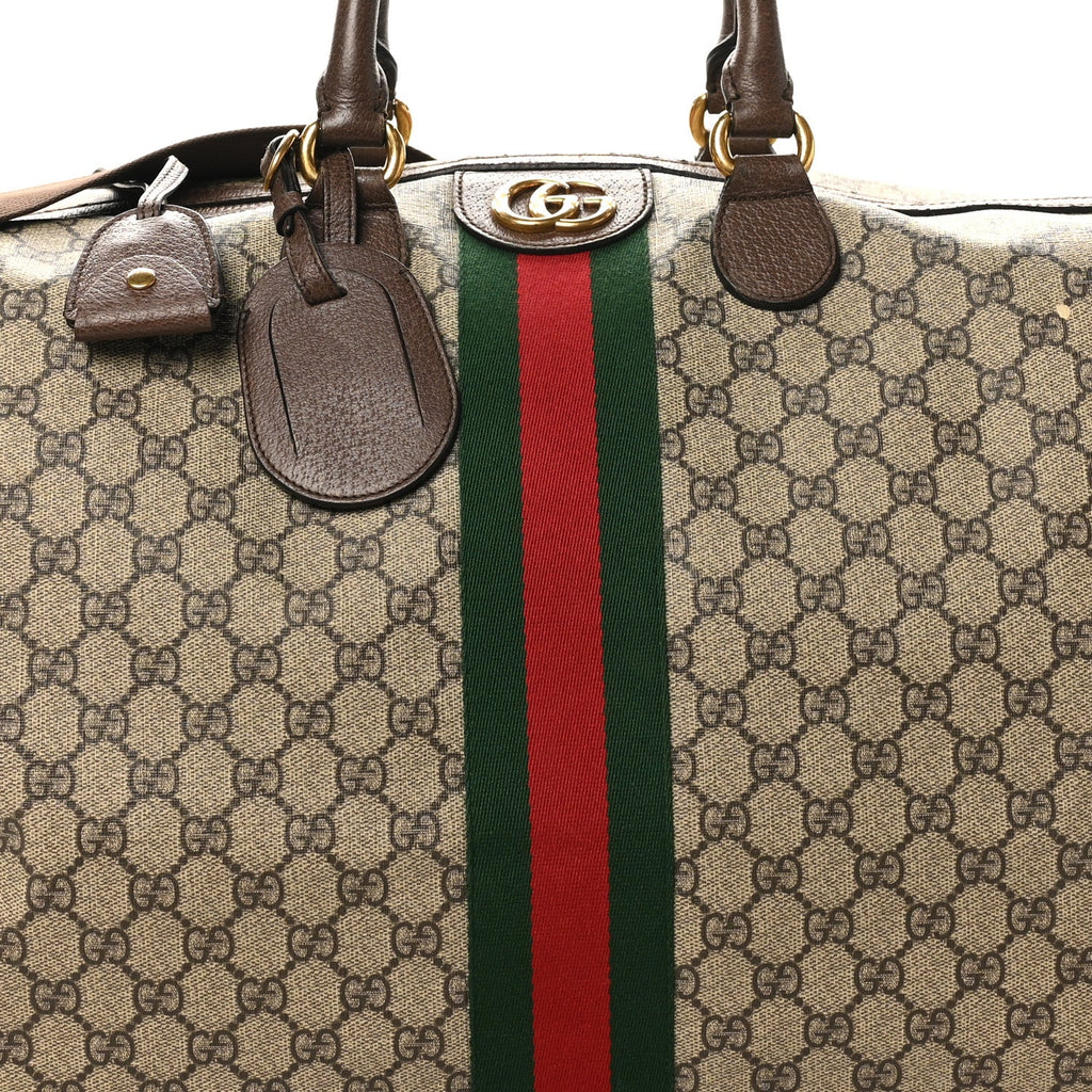 Gucci GG Supreme Monogram Textured Dollar Calfskin Web Medium Ophidia Carry-On Duffle Bag Beige Ebony New Acero