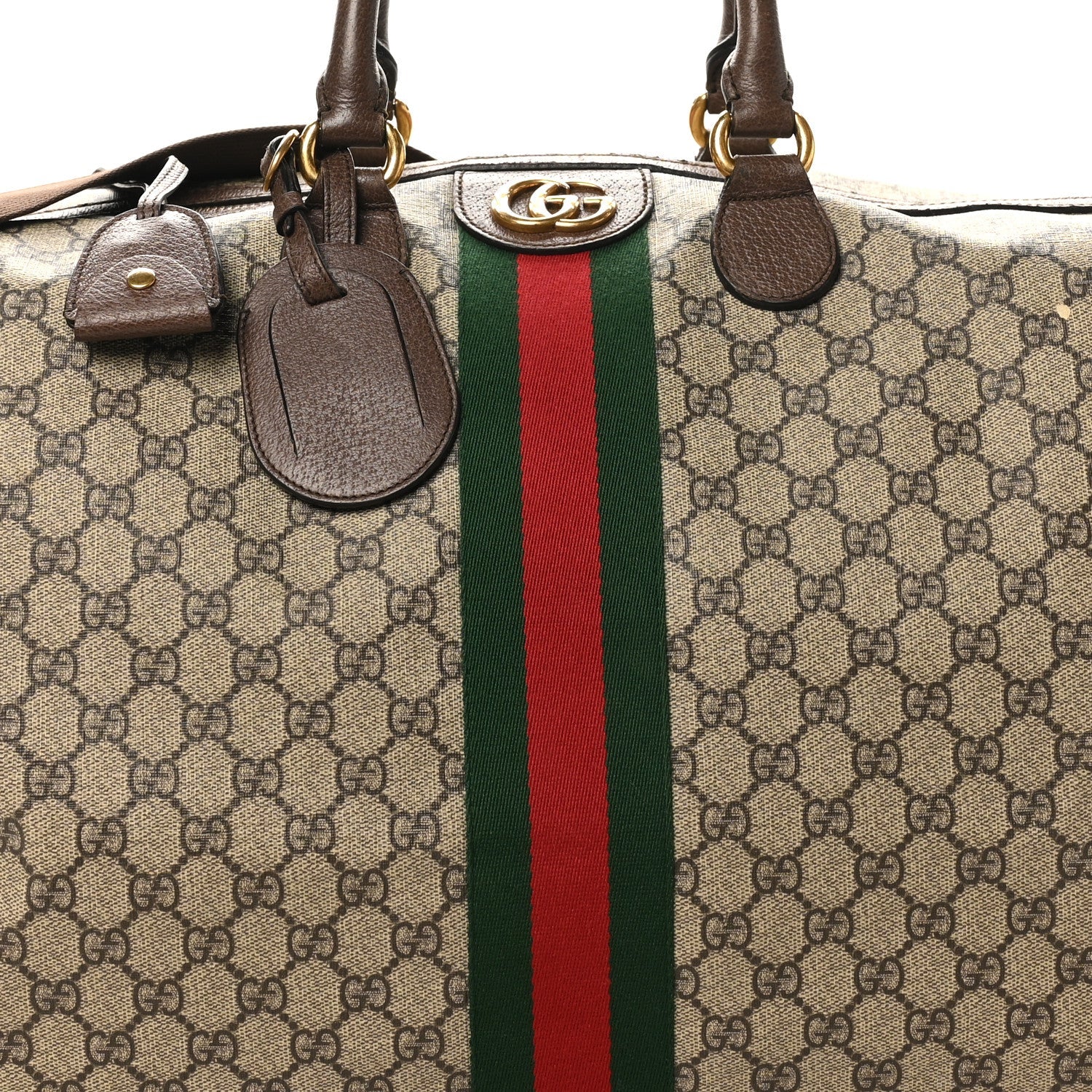 Gucci GG Supreme Monogram Textured Dollar Calfskin Web Medium Ophidia Carry-On Duffle Bag Beige Ebony New Acero