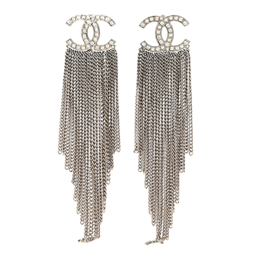 Baguette Crystal CC Chain Drop Earrings Silver