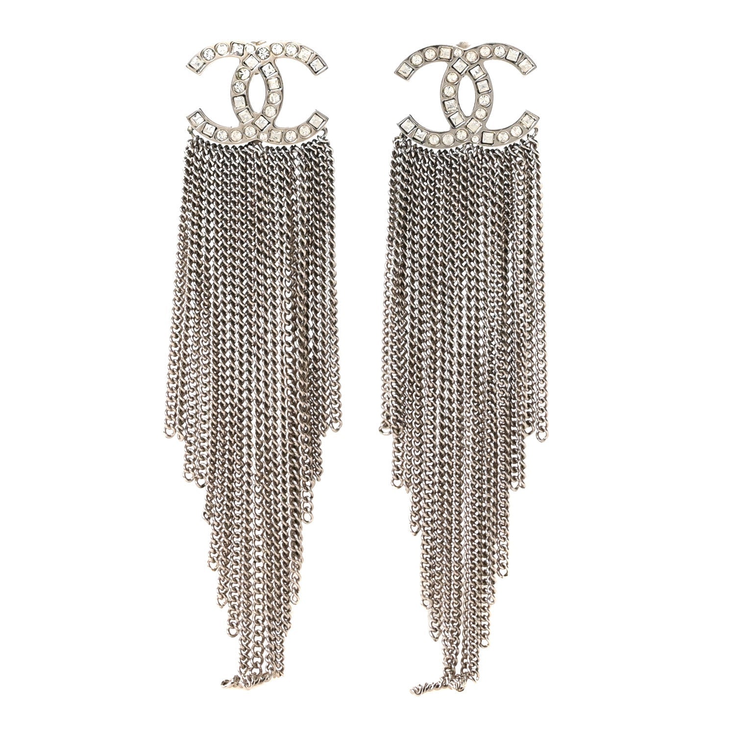 Baguette Crystal CC Chain Drop Earrings Silver