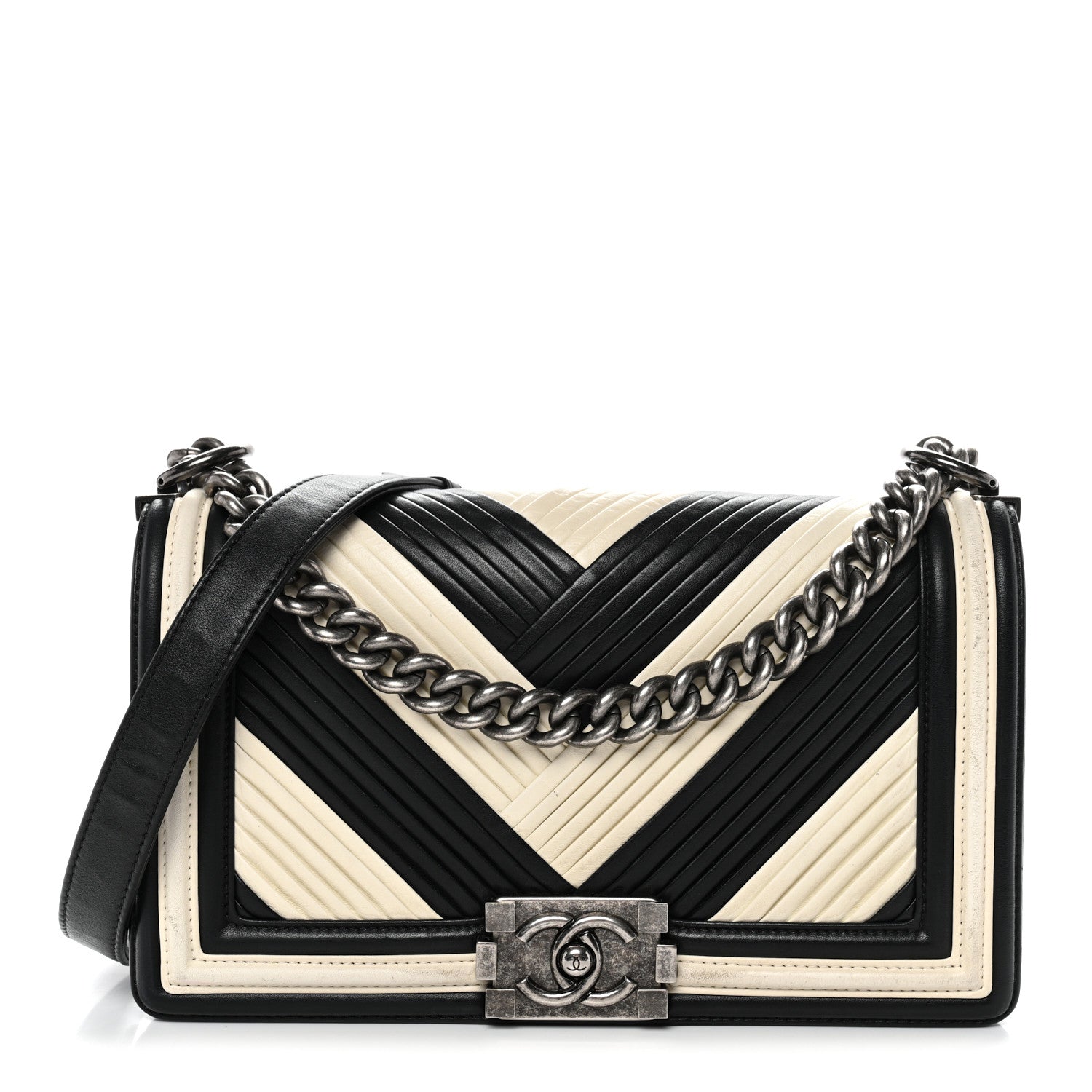 Chanel Calfskin Pleated Medium Boy In Rome Flap Black White