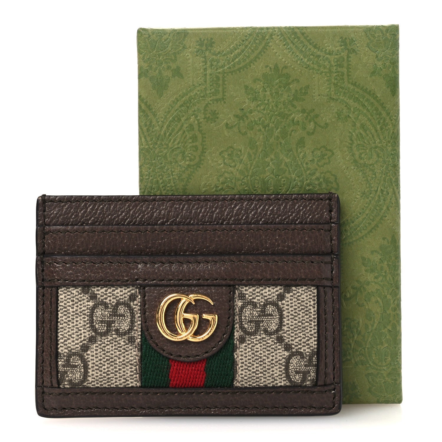 Gucci GG Supreme Monogram Textured Dollar Calfskin Ophidia Card Holder Beige Ebony New Acero