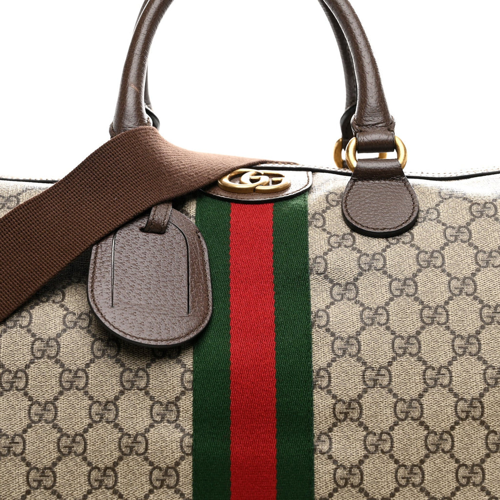 Gucci GG Supreme Monogram Textured Dollar Calfskin Web Medium Ophidia Carry-On Duffle Bag Beige Ebony New Acero