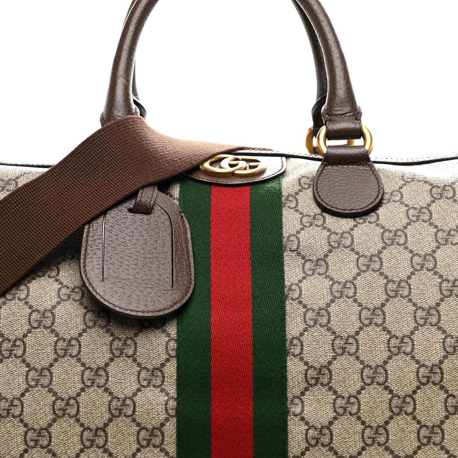 Gucci GG Supreme Monogram Textured Dollar Calfskin Web Medium Ophidia Carry-On Duffle Bag Beige Ebony New Acero
