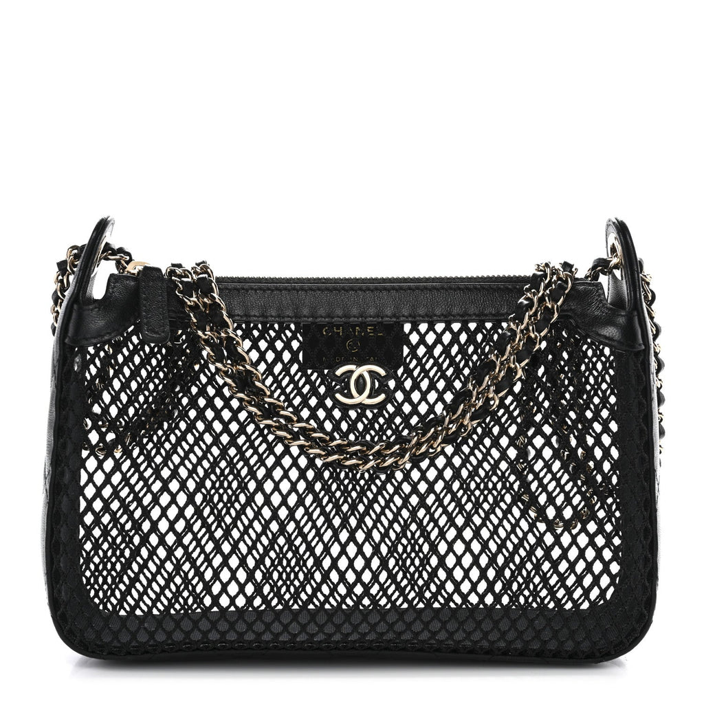Chanel Mesh Shiny Lambskin Clutch With Chain Black