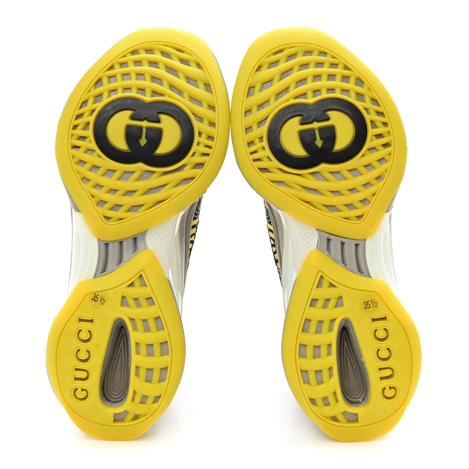 Gucci Technical Knit Fabric Waves Womens Gucci Run Sneakers 35.5 Black Silver Giallo Neon Yellow