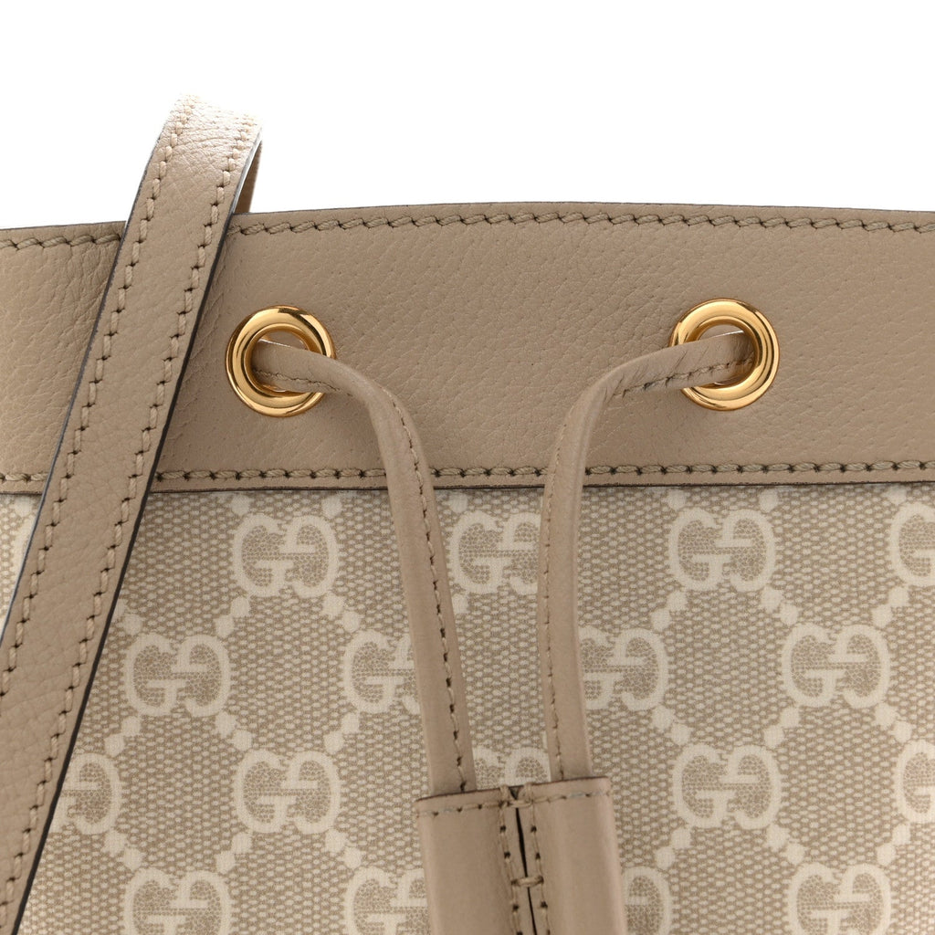 Gucci GG Supreme Monogram Textured Calfskin Web Mini Ophidia Bucket Bag Beige Ebony Mystic White Oatmeal