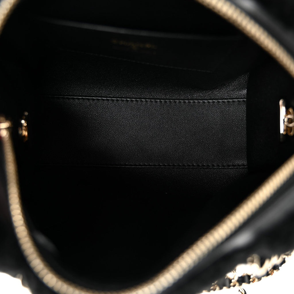 Chanel Shearling Quilted Barrel Clutch With Chain Black
