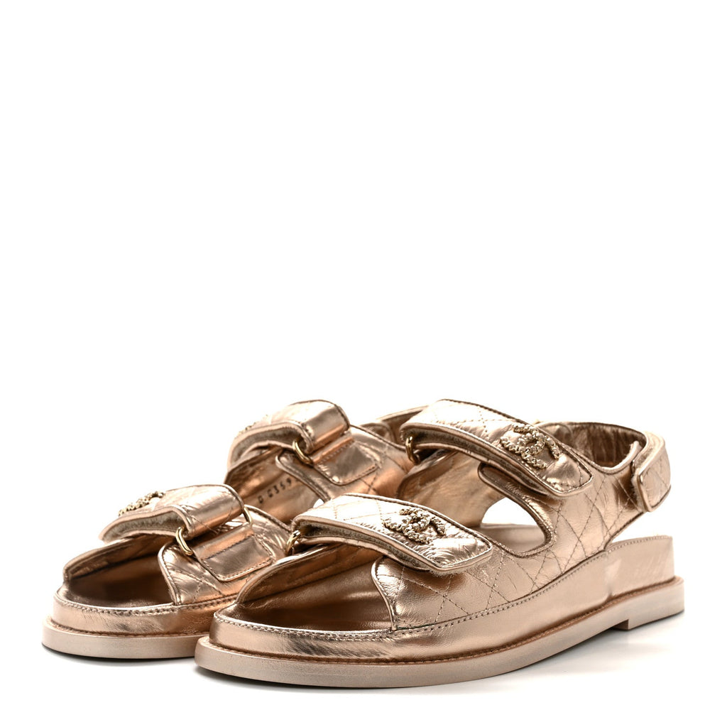 Iridescent Lambskin Quilted Velcro Dad Sandals 36.5 Light Bronze