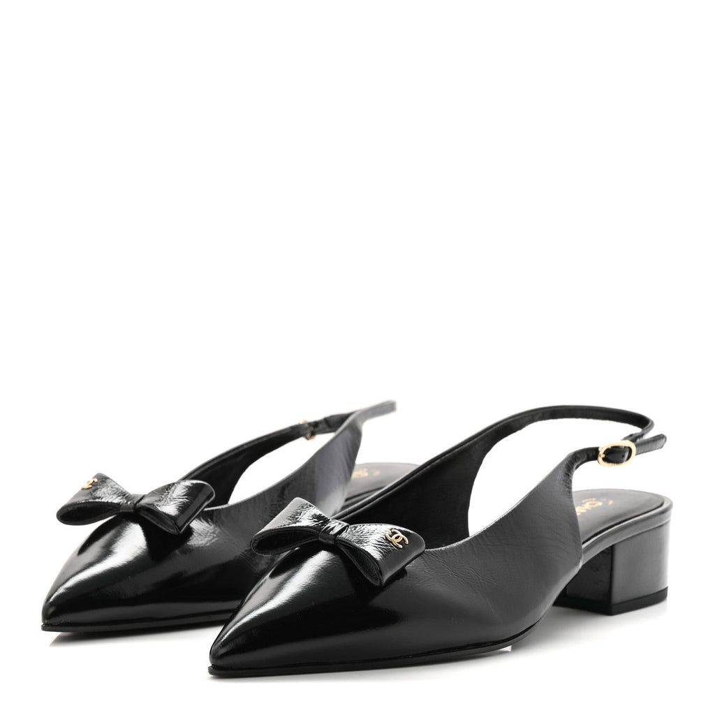 Crumpled Patent Calfskin CC Bow Slingback Pumps 37.5 Black