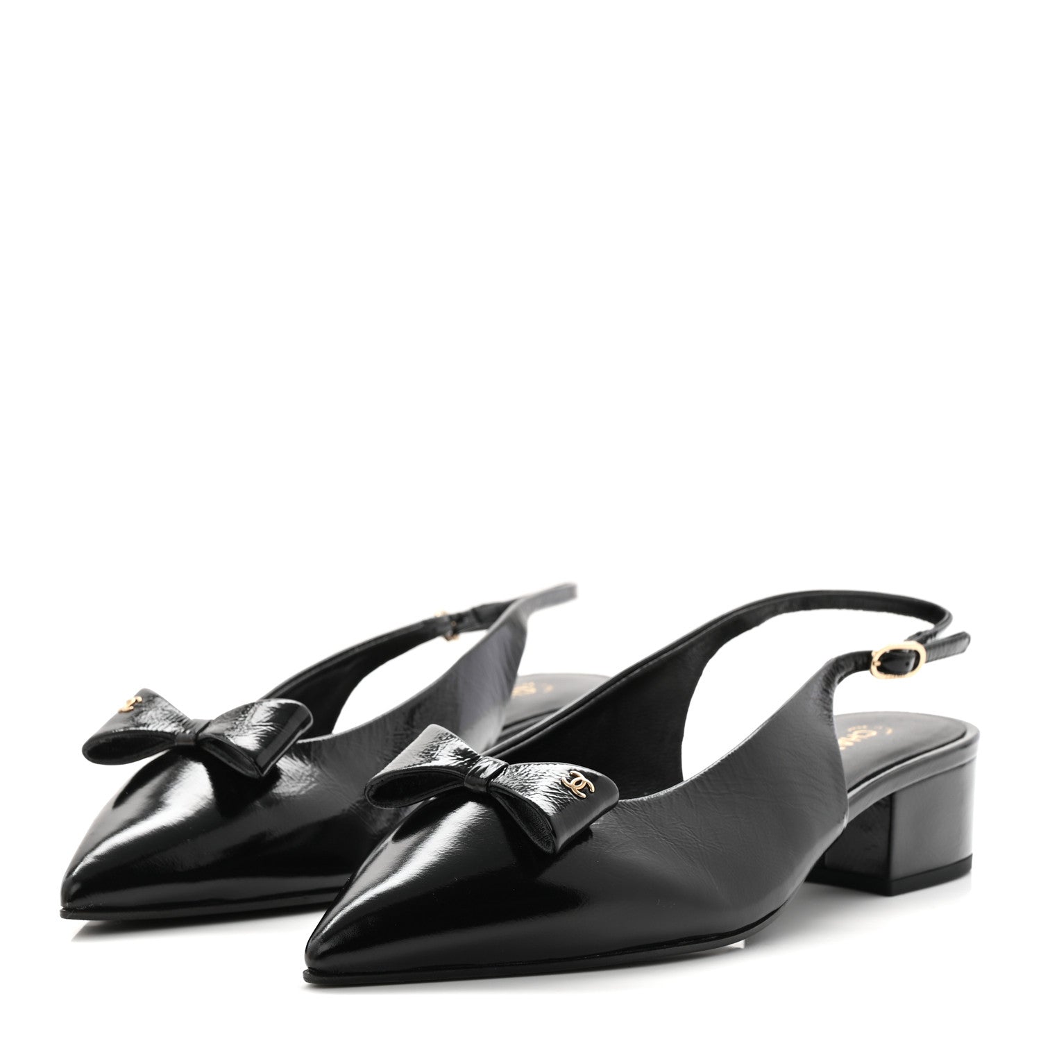Crumpled Patent Calfskin CC Bow Slingback Pumps 37.5 Black