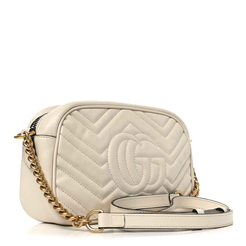 Gucci Calfskin Matelasse Small GG Marmont Chain Shoulder Bag White