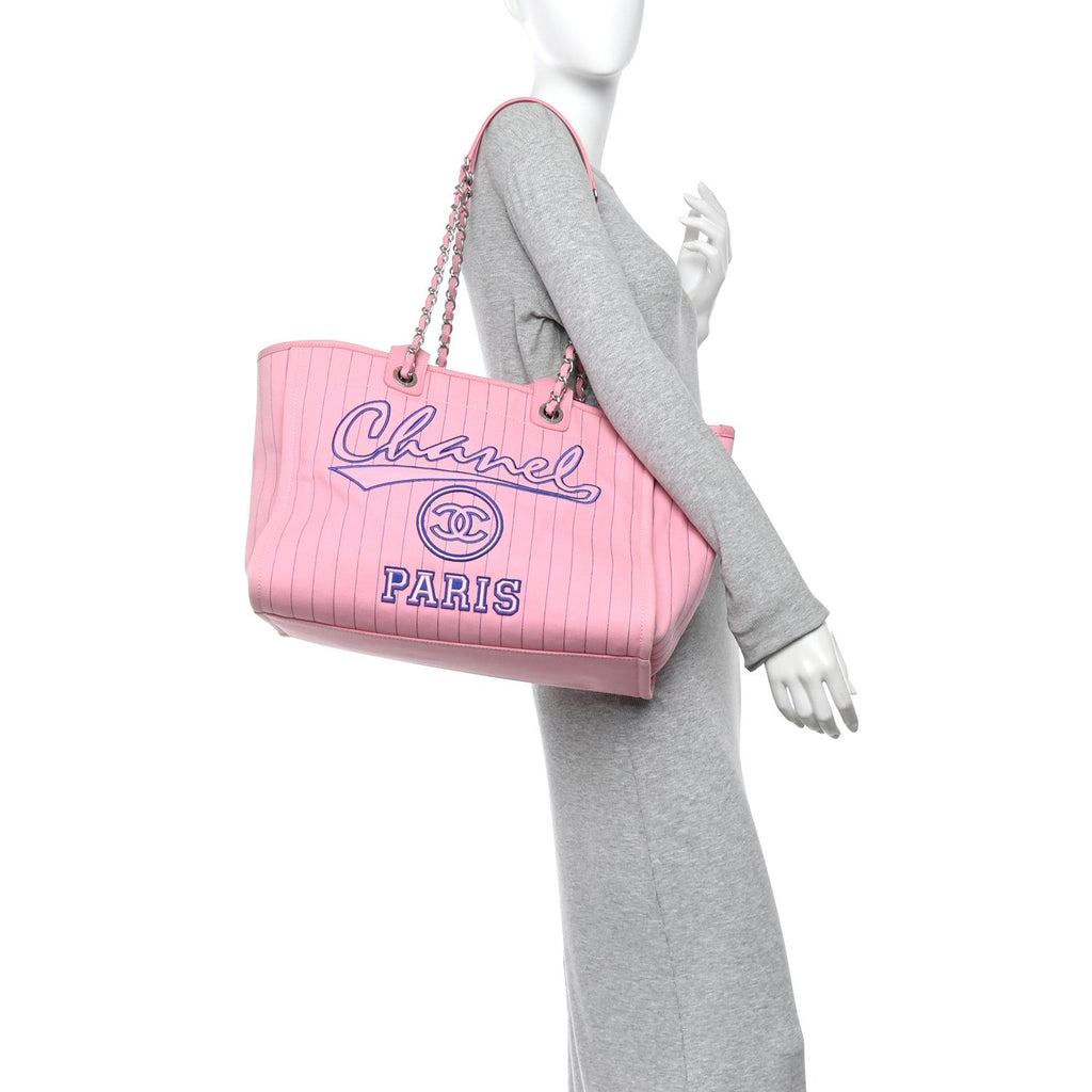 Chanel Canvas Calfskin Striped Large Deauville Tote Pink Blue