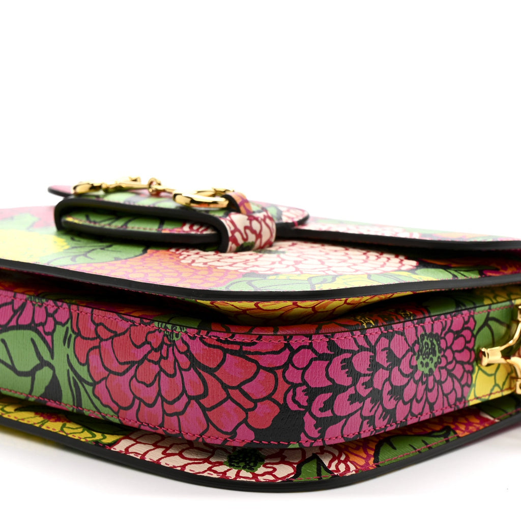 Gucci X KEN SCOTT New Shangai Calfskin Pomponica Print Horsebit 1955 Shoulder Bag Multicolor Fuxia Pompon