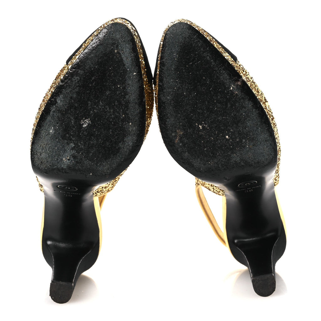 Glitter Grosgrain Cap Toe CC Slingback Pumps 38 Gold Black