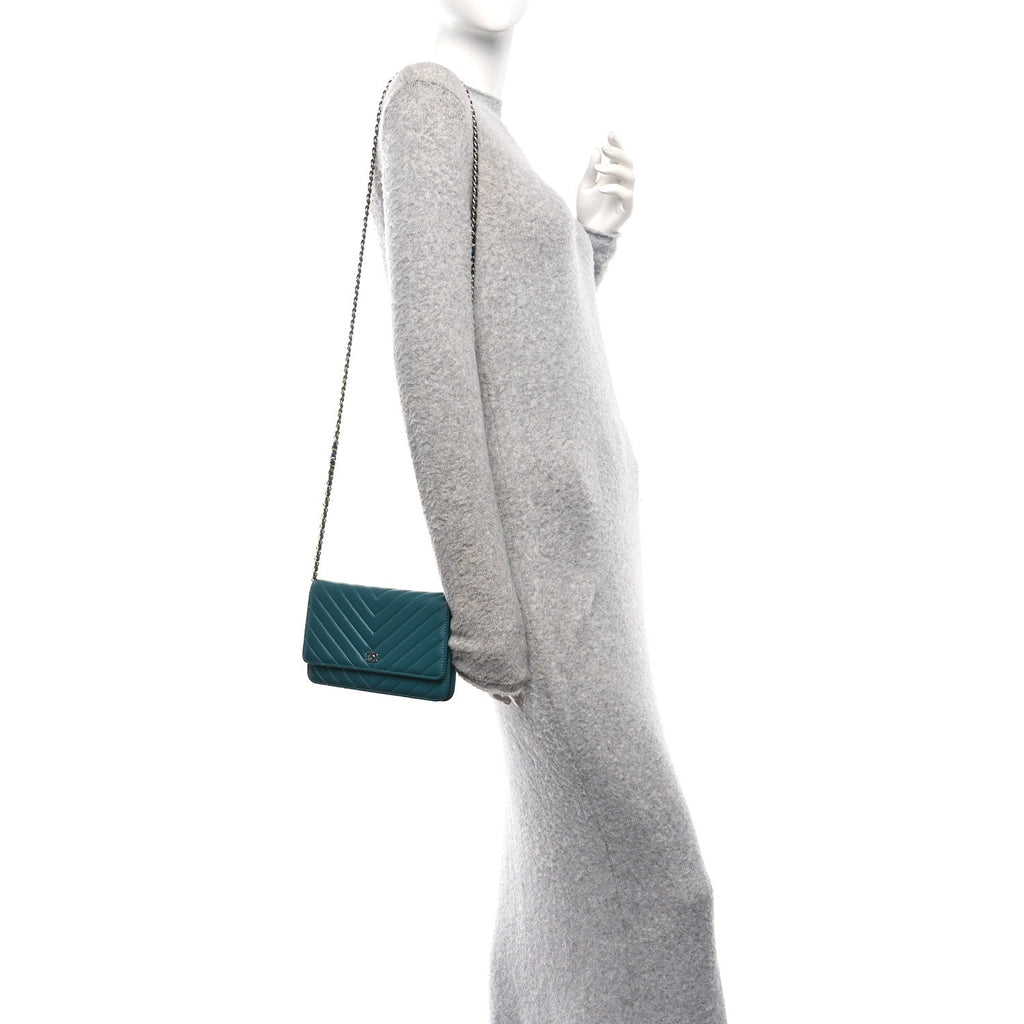Chanel Lambskin Chevron Quilted Wallet On Chain WOC Turquoise