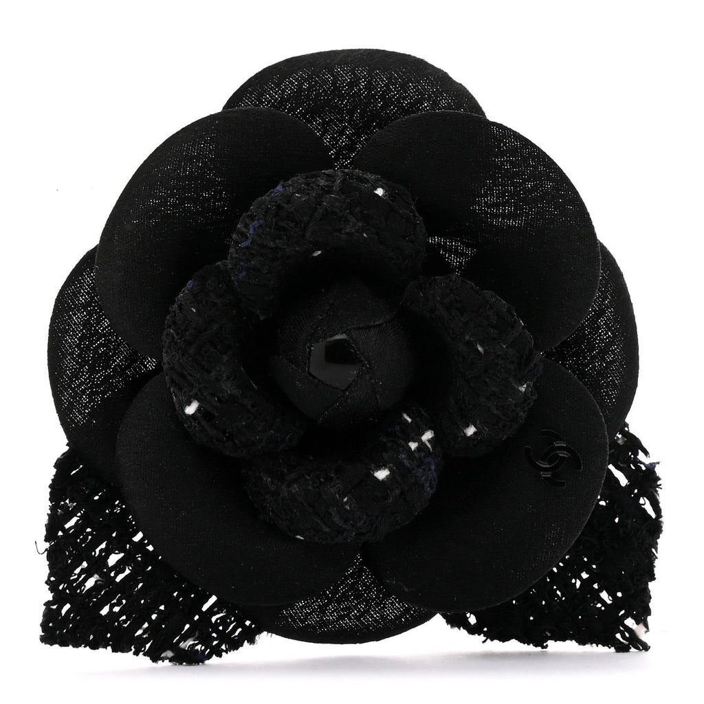 Chanel Tweed Fabric Camellia Pin Brooch Black