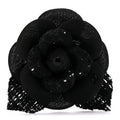 Chanel Tweed Fabric Camellia Pin Brooch Black