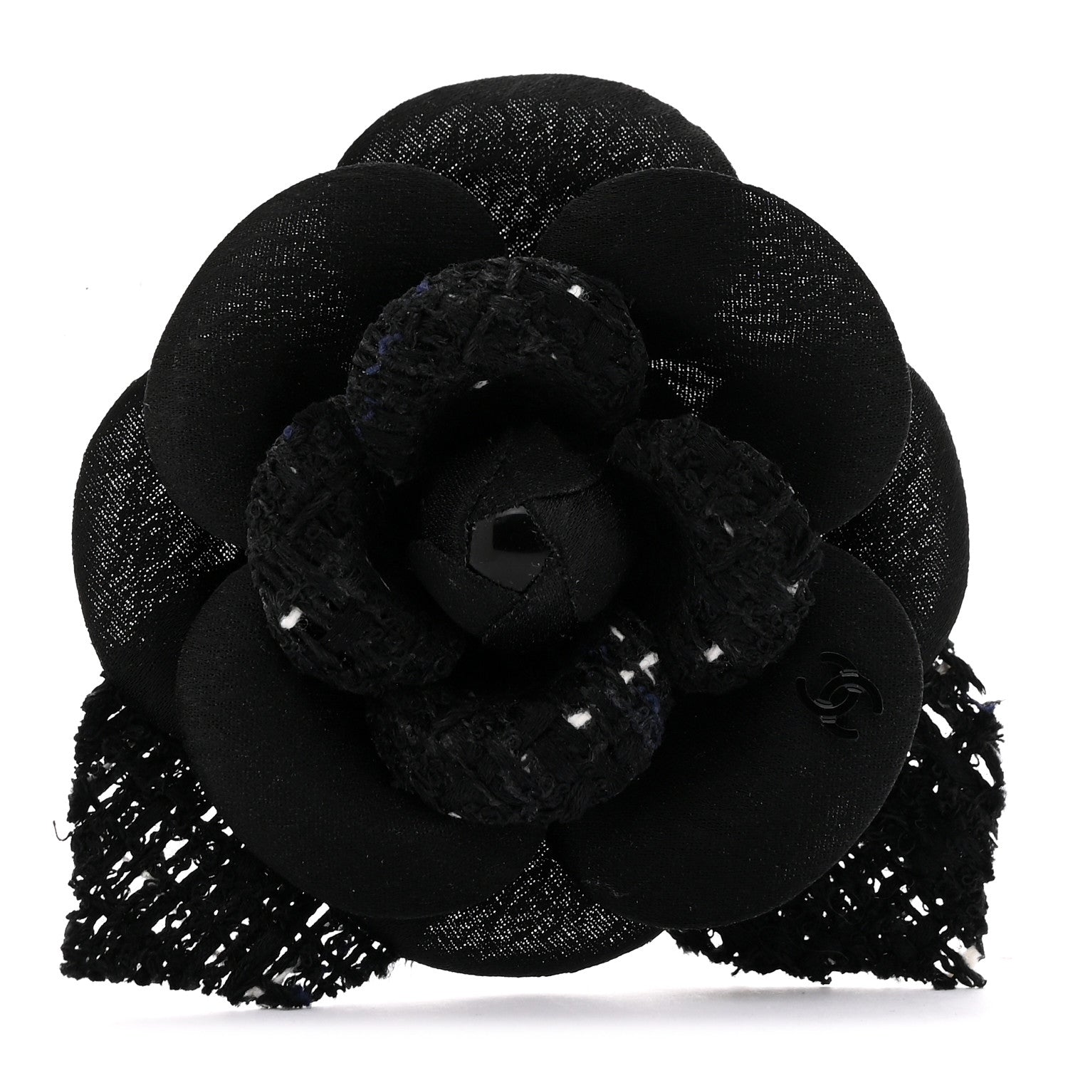 Chanel Tweed Fabric Camellia Pin Brooch Black