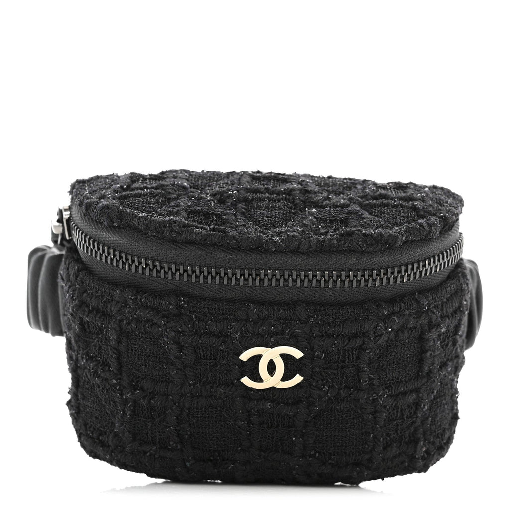 Chanel Tweed Lambskin Quilted Arm Coin Purse Black
