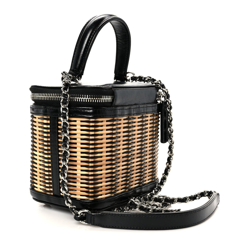 Chanel Calfskin Raffia Small Vanity Case Bag Black Beige