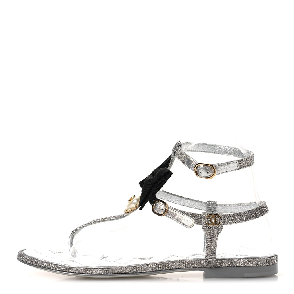 Fabric Grosgrain Pearl Crystal Thong Sandals 40 Silver Black