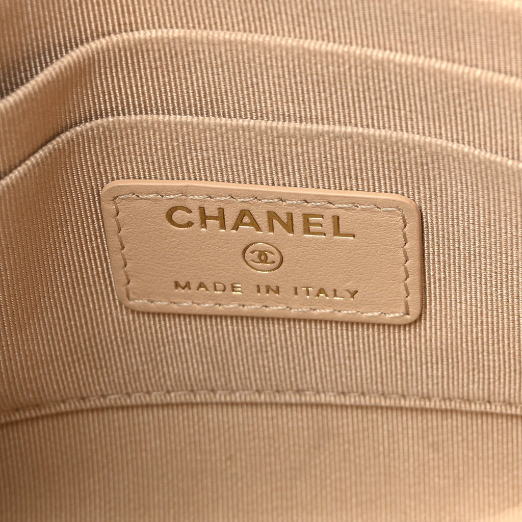 Chanel Shiny Goatskin Quilted Chanel 19 Small Pouch With Handle Beige