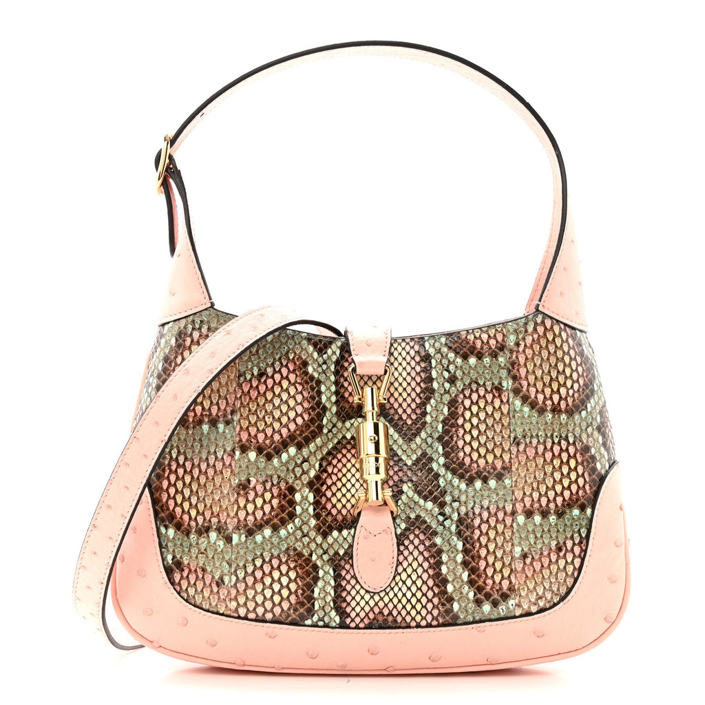 Gucci Snakeskin Ostrich Calfskin Small Jackie 1961 Hobo Pink Multicolor