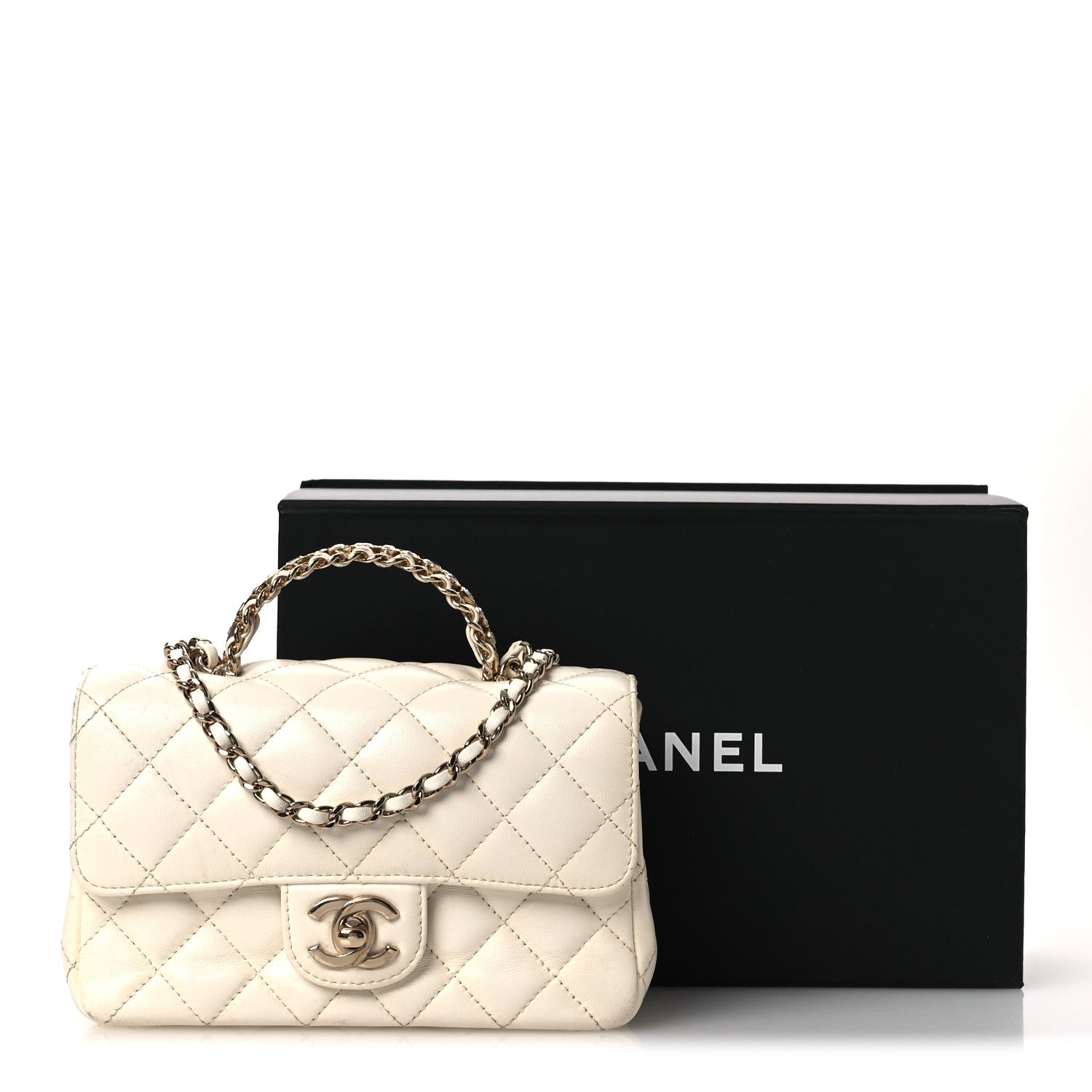 Chanel Lambskin Quilted Mini Crystal Top Handle Rectangular Flap White