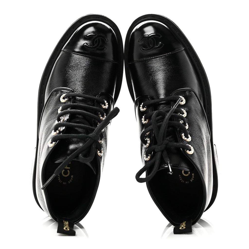 Chanel Shiny Calfskin Pearl Lace Up Combat Short Boots 38 Black