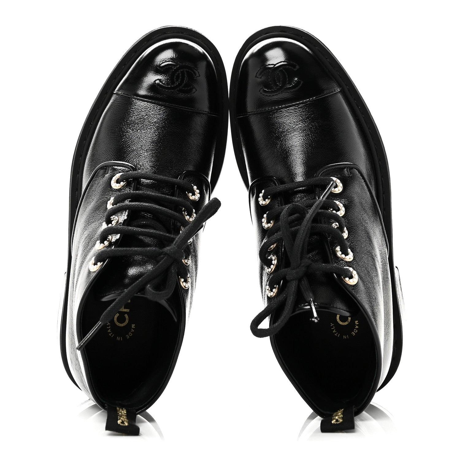 Chanel Shiny Calfskin Pearl Lace Up Combat Short Boots 38 Black