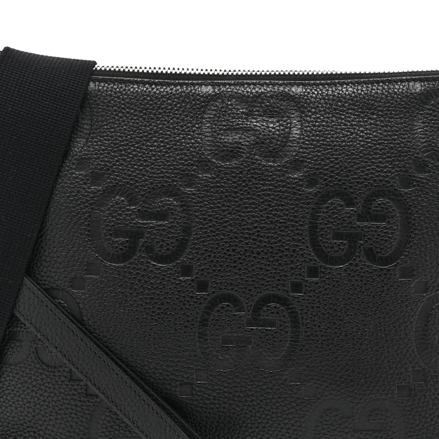 Gucci Piuma Calfskin Jumbo GG Embossed Medium Wristlet Messenger Bag Black